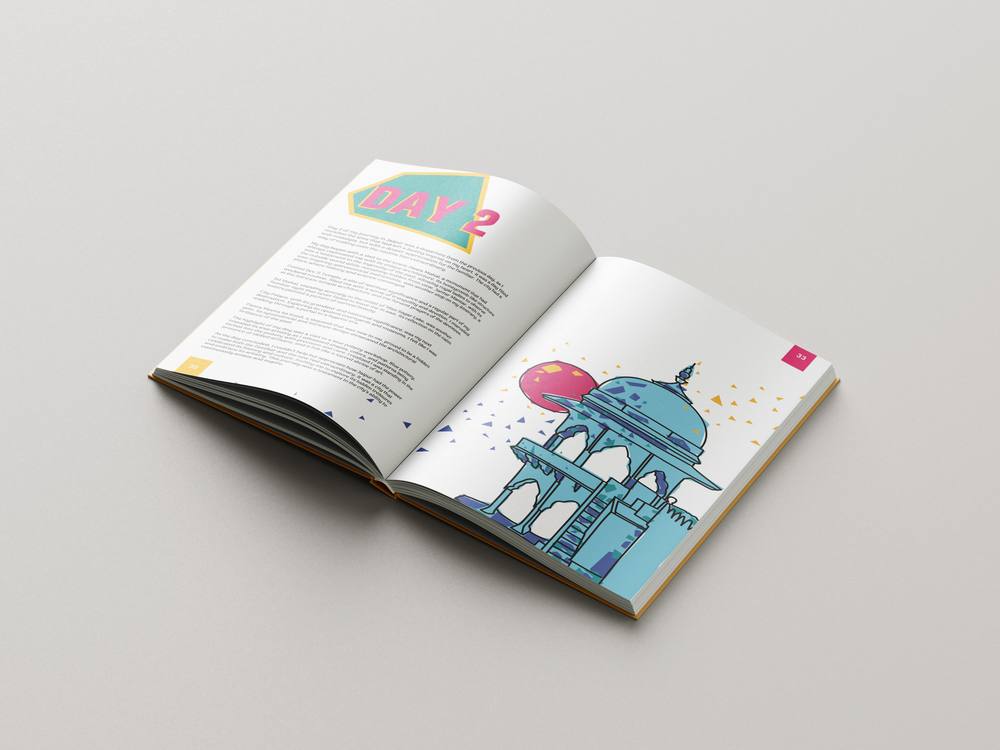 Interior spread — illustrated city scene